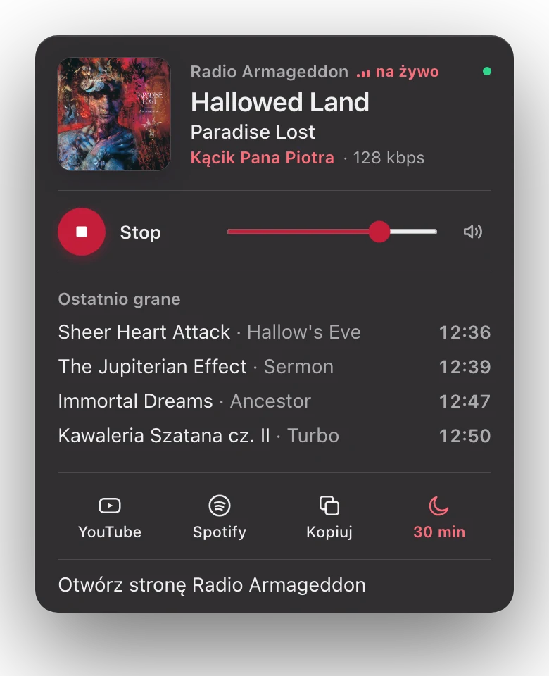 Aplikacja Radio Armageddon na komputerze: okno w pasku menu z aktualnym utworem i historią